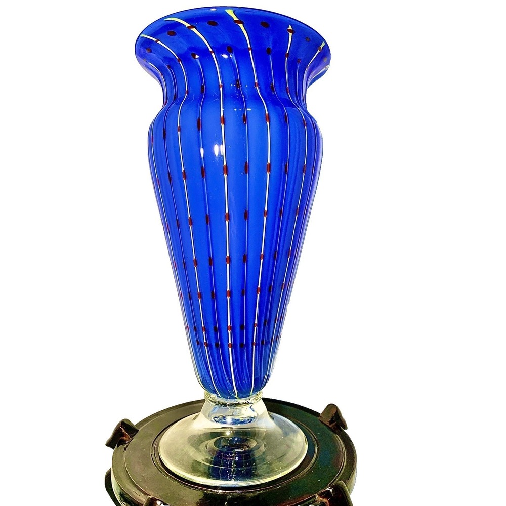 Gorgeous Brilliant Blue Art Glass Vase 12 1/2" Hand-Blown MCM Excellent